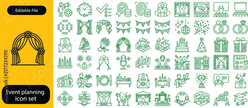 Event planning icon set. Icons in linear style collection. Containing decorations, venue, event planner, registration, entertainment, catering, invitations, coordination and more. Vector illustration