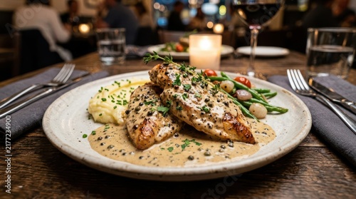 Exquisite Pan-Seared Chicken Breast Dinner with Creamy Mashed Potatoes and Fresh Green Beans