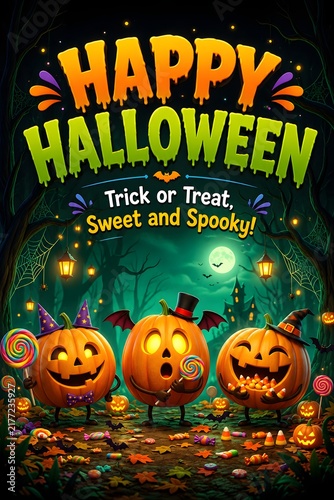 Vibrant Halloween Scene Featuring Three Jack-O'-Lanterns with Whimsical Hats, Spooky Moon, Glowing Lanterns, and Candy Scattered on