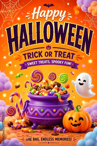 Vibrant Halloween Trick-or-Treat Scene Featuring Overflowing Candy Cauldron, Cheerful Ghost, Smiling Jack-O-Lantern, and Whimsical Sweets