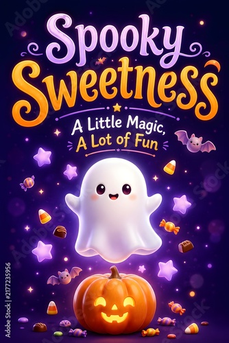 Whimsical Halloween Ghost and Jack-O-Lantern with Candy-Themed Sparkles and Playful Text Design