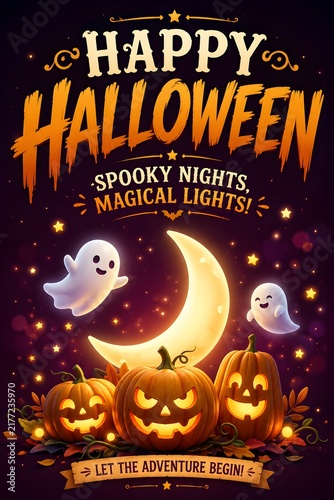 Whimsical Halloween Greeting Featuring Ghosts, Jack-O-Lanterns, Moon, and Sparkling Stars Under Spooky Night Sky