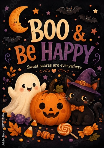 Whimsical Halloween Greeting Featuring Playful Ghost, Smiling Jack-O-Lantern, Witchy Cat, and Spooky Moon with 'Boo & Be Happy' Text