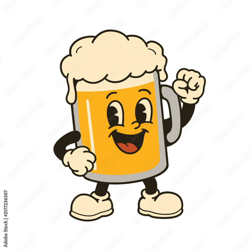 Fototapeta premium Beer Mug Mascot Raising a Fist with Cheerful Expression, Pub and Beverage Celebration Concept
