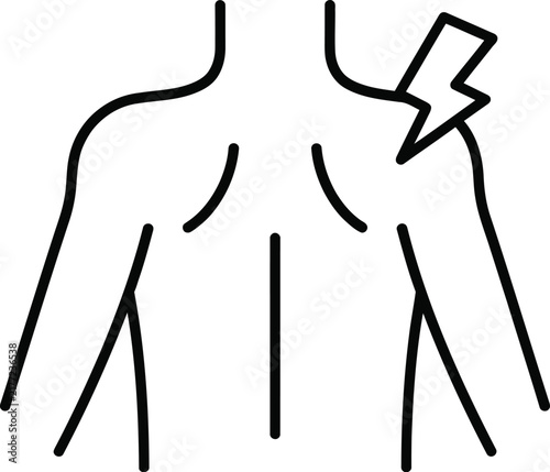 Back pain icon showing human shoulders and spine with lightning bolt shoulder discomfort lightning
