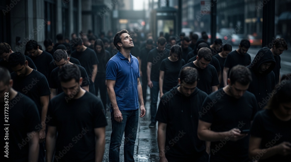 Obraz premium Mysterious lone man standing among a crowd in dimly lit urban alleyway