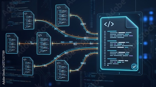 Plakat w ramie Automated source code integration concept displaying digital script files merging into final compiled software release.