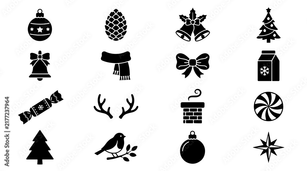Fototapeta premium Set of black Christmas holiday icons featuring ornaments, pine tree, bells, candy, and winter symbols for festive seasonal graphic design projects and digital web elements on transparent background