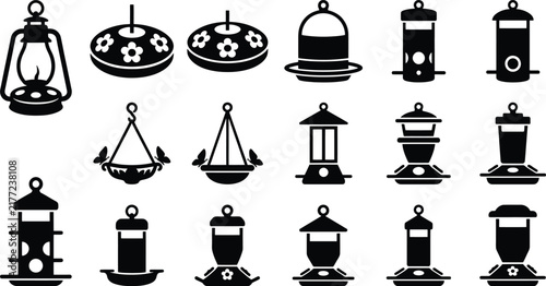 Bird feeder and lantern icon set with stylized vector designs for gardens and wildlife