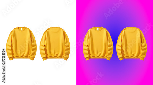 Cuadro en lienzo Two bright yellow crewneck sweatshirts shown from front and back views, isolated