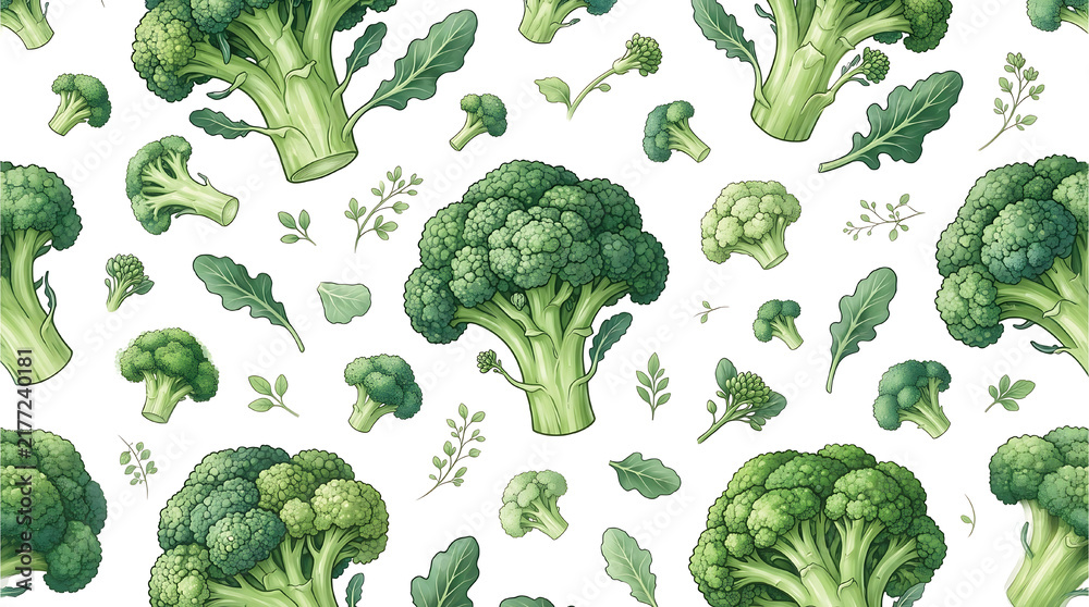 Seamless vector pattern of fresh green broccoli heads and florets on white background