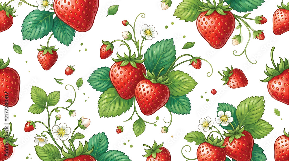 Seamless vector pattern of fresh ripe red strawberries with leaves and white flowers on white background