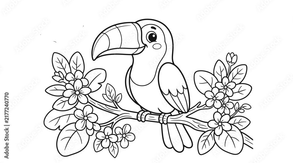 Fototapeta premium Cute toucan bird sitting on a tree branch with spring flowers for a kids coloring book page activity illustration