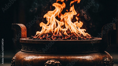 A large bronze censer burns with bright orange flames atop glowing coals in darkness. Smoke rises from the hot fire creating a dramatic, atmospheric scene.