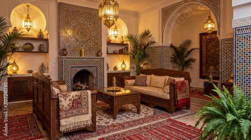 Elegant traditional lounge with intricate tilework with intricately decorated lounge featuring ornate geometric tilework showcases cozy intricately