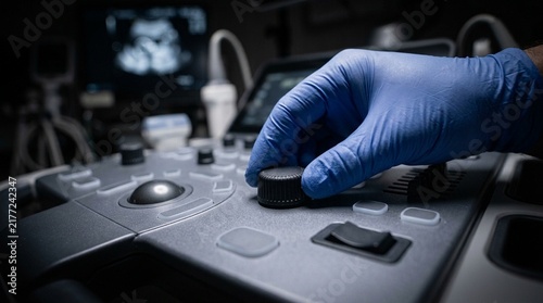 Ultrasound machine control panel dial being adjusted during an examination