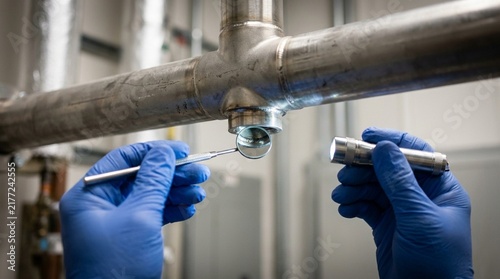 MRI quench pipe being inspected during a routine safety check