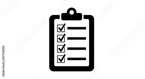 Black clipboard icon with completed checklist and check marks on white background
