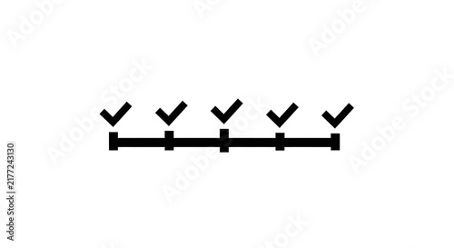 Five check marks on a horizontal timeline progress bar icon isolated on white background