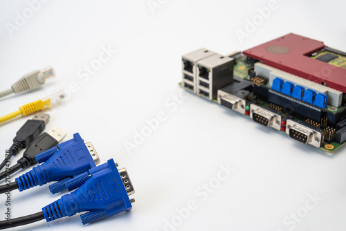Various cables next to a circuit board with multiple ports and connectors on a plain surface