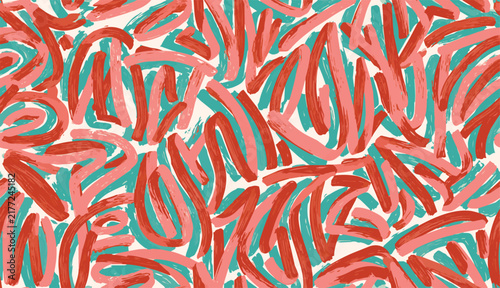 Modern artistic seamless vector pattern with red pink teal messy brush strokes
