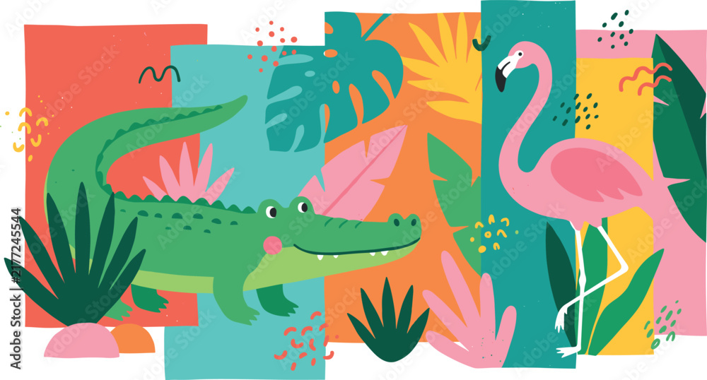 Obraz premium Cute Tropical Animals Vector Illustration with Cartoon Crocodile, Pink Flamingo, Monstera Palm Leaves, and Colorful Abstract Floral Collage Pattern