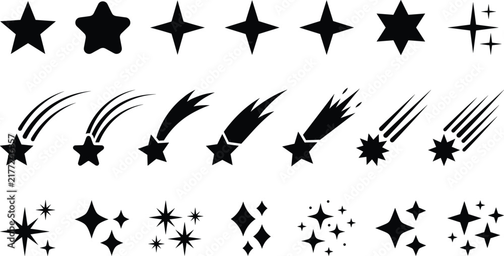Fototapeta premium Black Star Silhouette Icon Set with Shooting Stars Comets and Twinkle Sparkles for Decoration and Celestial Graphic Designs