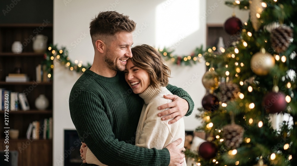 Fototapeta premium Loving young couple hugging tightly and laughing near decorated Christmas tree in cozy home, handsome Caucasian man and brunette woman in warm sweaters celebrating winter holiday season.
