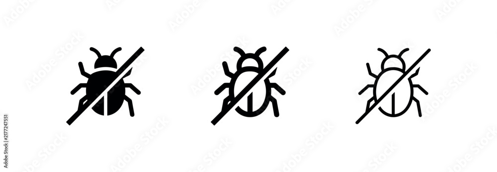 Fototapeta premium No bugs or pest control icon set: bug fix, insect repellent, and error elimination symbols.