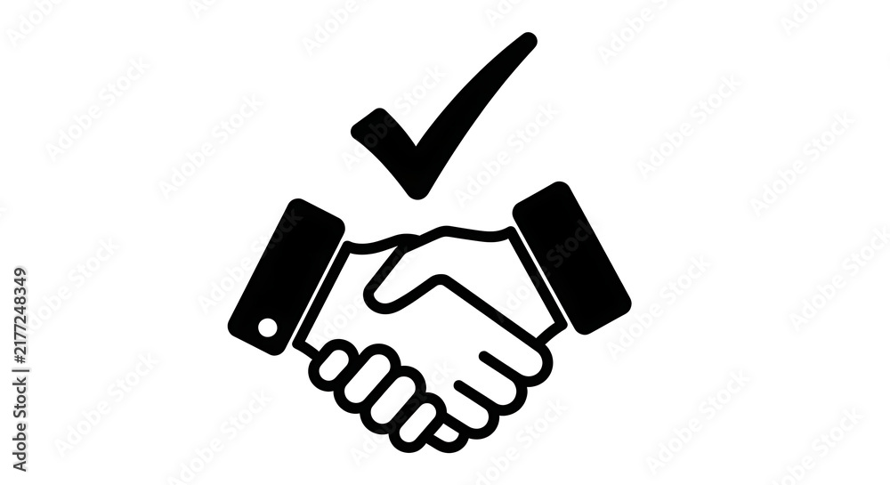 Fototapeta premium Black handshake icon with check mark symbol for business agreement and success concept