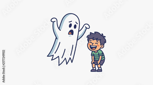 Obraz na plátně Cartoon vector illustration featuring a surprised white ghost attempting to scare a laughing young boy wearing a green striped shirt, isolated on white background for Halloween