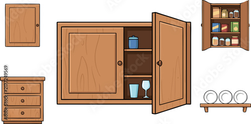 Wooden Kitchen Cabinet and Pantry Cupboard Vector Set with Hanging Wall Shelves Drawer Unit Plates Food Jars and Glassware for Interior Designs
