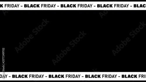 Black Friday sale promo video. 4K animation of white stripes with Black Friday text for advertising in social networks. Stickers 25%, 50%, 75% discount. Movement of ribbons with words Black Friday