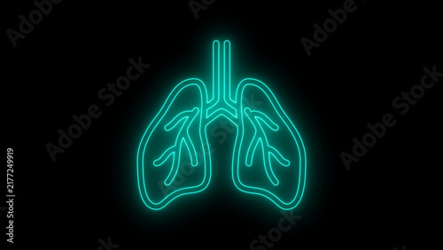 Foto neon line art illustration of human lungs with detailed bronchial branches, glowing against a black background, representing respiratory health, breathing, anatomy, and medical care