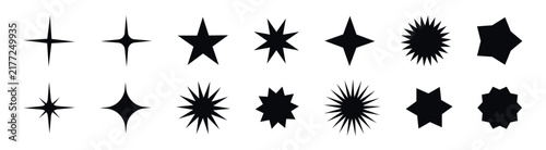Collection of diverse star shapes and sparkle icons in black silhouette