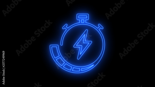 Quadro su tela Neon glowing stopwatch icon with a lightning bolt symbol, representing speed, energy, fast performance, productivity, and time management on a dark background