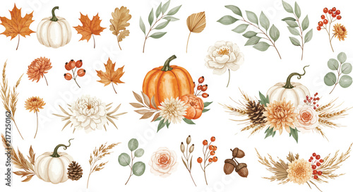 A beautiful collection of watercolor autumn elements featuring pumpkins fall leaves flowers and branches isolated on a clean white background