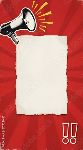 Megaphone and blank paper on red sunburst background