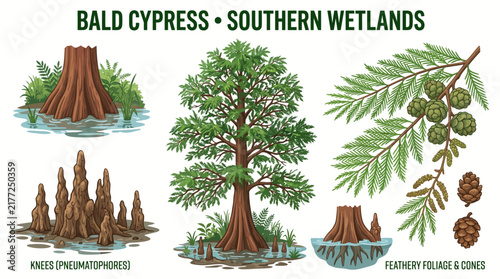 Very beautiful realistic vector set of Bald Cypress (Taxodium distichum) featuring the full tree, feathery leaves, small cones, and distinctive knees, BALD CYPRESS • SOUTHERN WETLANDS, isolated on whi