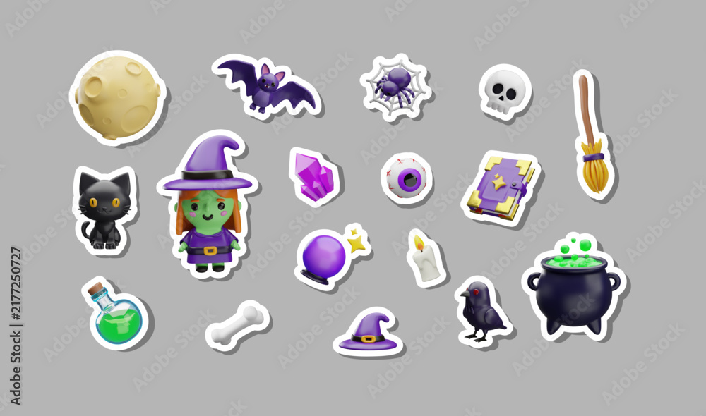 Fototapeta premium Witchcraft collection 3D vector stickers set, cartoon witch, cauldron potion, magic crystal ball and broom, Halloween