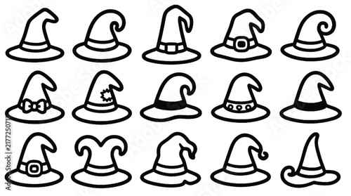 Collection of black and white witch hat vector icons for Halloween, magic, and fantasy graphic designs. Includes EPS files
