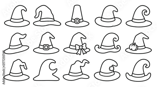 Collection of Hand Drawn Witch Hat Outlines for Halloween Costume Design Elements