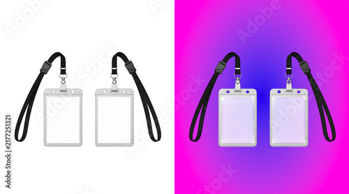 Fotografía Two blank white id badge holders with black lanyards, isolated on a white backgr