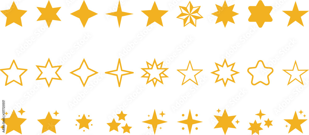 Obraz premium Yellow Star Shape Vector Icon Set with Solid Outlines and Sparkle Twinkle Symbols for Rating and Review Interface Designs