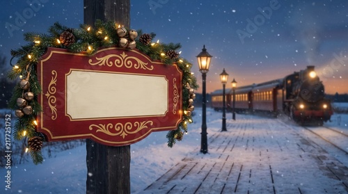 Blank Festive Sign at Snowy Train Station with Steam Locomotive
