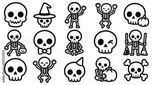Cute Halloween skeleton and skull vector illustrations set with playful poses