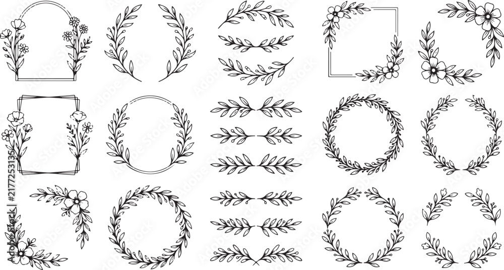 Fototapeta premium Botanical floral wreath collection featuring hand drawn frames borders and circular arrangements with delicate leaves branches and wildflowers for rustic wedding stationary and design projects.