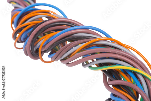 A close-up of a bundle of multicolored electrical wires twisted together against a white background. The wires are of various colors including blue, brown, orange, green, black, and gray.