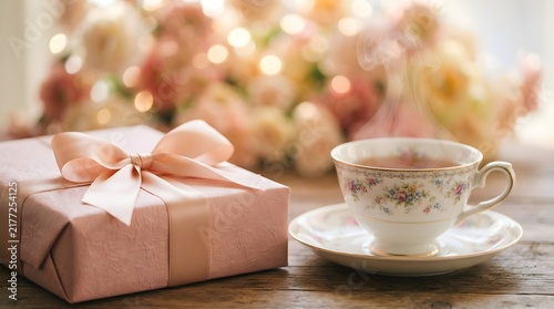 Gift box beside tea cup