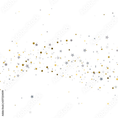 Scattered gold and silver stars on white background. Festive confetti wave pattern. Copy space for text
